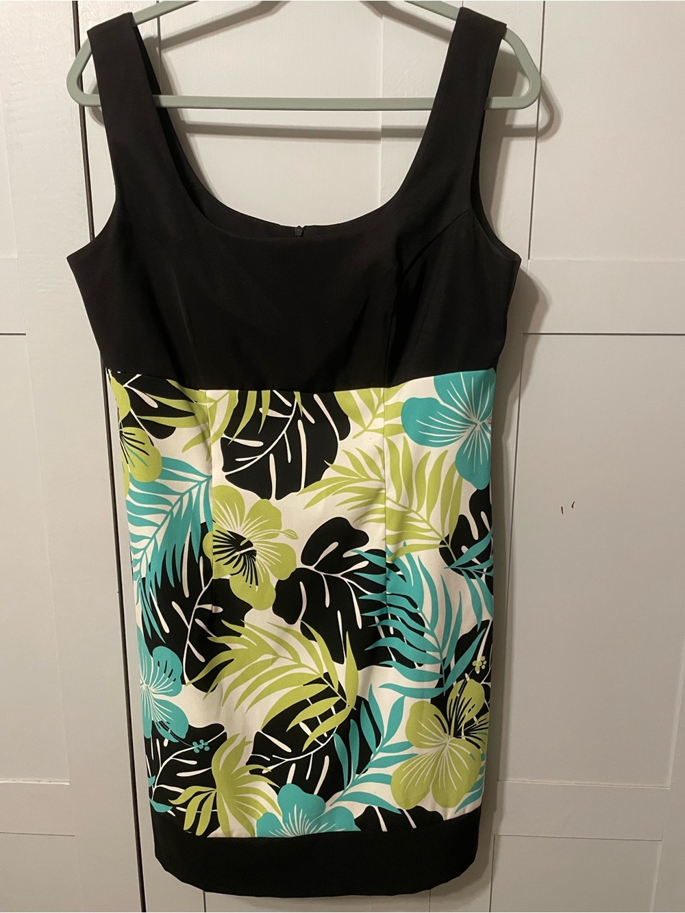 AGB Black Bodice Tropical Floral Mini Dress with Teal and Lime Accents